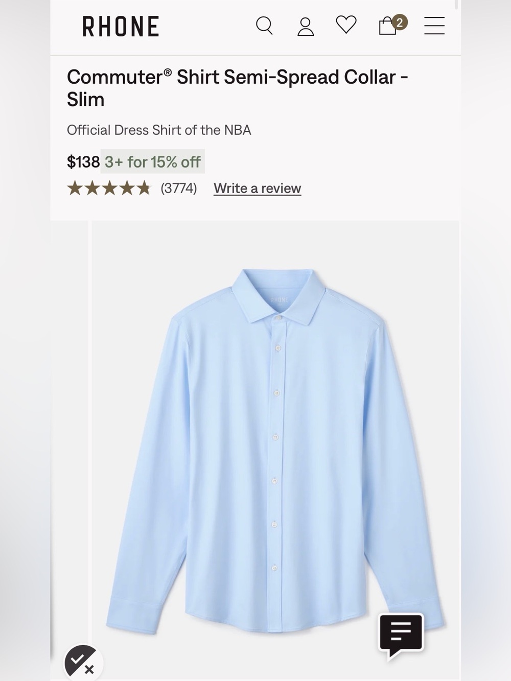 Rhone Commuter Shirt Semi-Spread Collar Slim Business Blue L